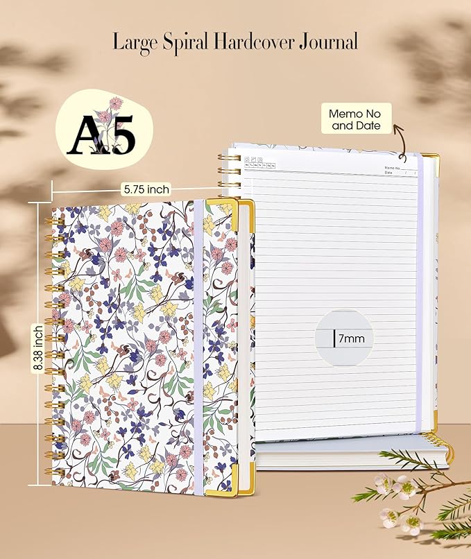 Cute Spiral Notebook Journal for Women, 160 Pages Lined Notebooks 5.75” x 8.38”, A5 Hardcover Spiral Journals with 100 GSM Thick Paper, College Ruled Notebook for Writing Work School, Purple Floral