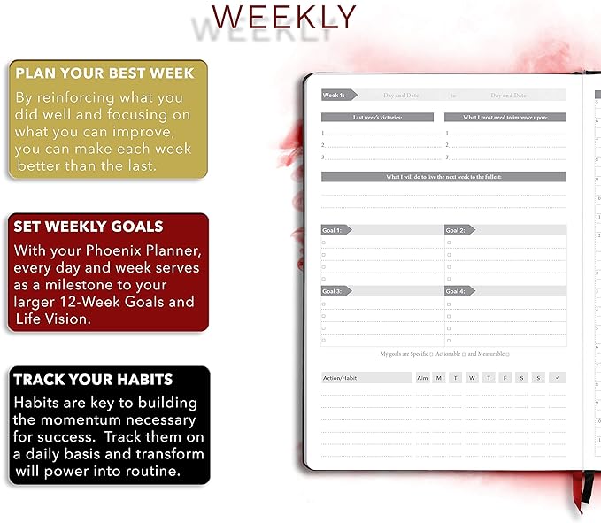 The Phoenix Planner - Best Daily Calendar and Agenda for Goal Setting, Boost Happiness and Productivity - Gratitude Journal, Habit Tracker, Quarterly Business Planner - 6 Months, Undated (Charcoal)