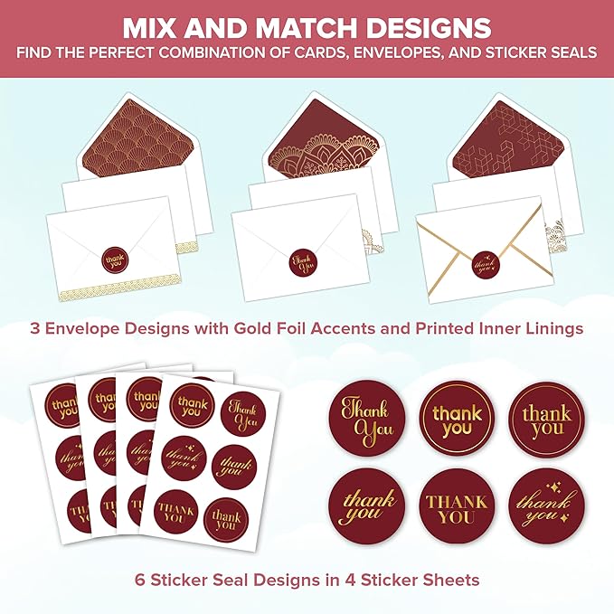 Decorably 24 Pack Gold-Foiled 6x4in Red Thank You Cards with Envelopes and Stickers, 6 Elegant Designs Red and Gold Thank You Cards, Blank Inside - Wedding, Holidays