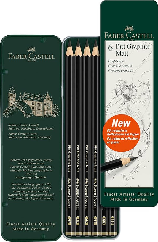 Faber-Castell Pitt Graphite Matte Pencil Set, Metal Tin of 6 Graphite Pencils, Sketching and Drawing Pencil Set (B, 4B, 6B, 8B, 10B, 12B)
