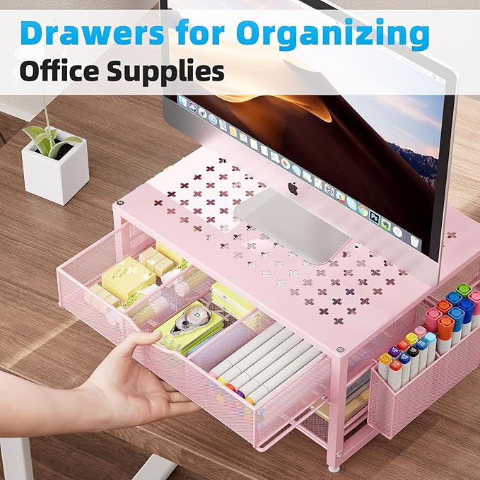 Marbrasse Metal Printer Stand for Desk with Storage Drawer and 2 Pen Holders, 2-Tier Desktop Organizer Printer Table for Home Office, Multi-Purpose Desk Organizer for Fax Machine Scanner Files(Pink)