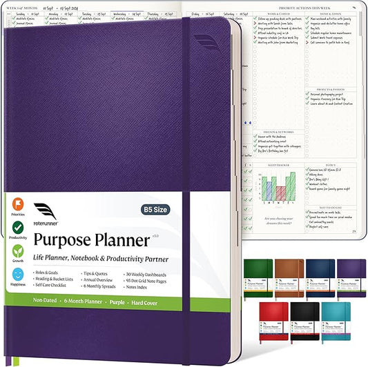 Purpose Planner Notebook B5 7.5”x9.8” Undated Daily Planner 2024-2025 Daily Weekly and Monthly Productivity Goal Setting Tool for Work Home ADHD Planner for Adults Self Care Journal (Purple Hardcover)