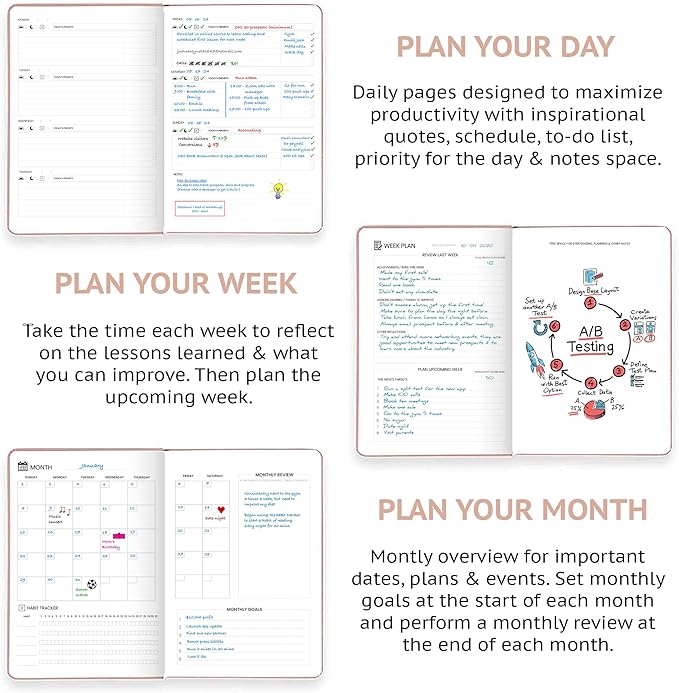 Pro - Goal Setting Planner to Increase Productivity and Achieve Personal and Business Goals. 12 Month Undated Daily, Weekly and Monthly Journal Organizer with Calendar (Rose Gold)