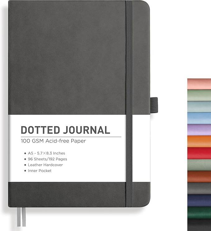 RETTACY Bullet Dotted Journal, A5 Dotted Notebook Journal with 192 Pages, 5.7'' × 8.3'', Medium Size, 100 GSM Thick Paper, Leather Hardcover, Bullet Journaling, Planning (Gray)