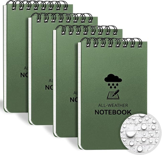 Waterproof Notebook, 4 Pack Top-Spiral Pocket Notepad, 3" x 5" Weatherproof NotePad, All Weather Police Pocket Notebook Little Memo Steno Note Pads for Outdoor Office School Recording, Black