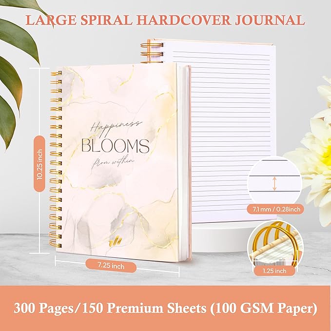 Hardcover Spiral Journal, 10.25" x 7.25", 300-Page Large College-Ruled Notebook for Women, Ideal for Writing, Journaling, Note-Taking, Work, School