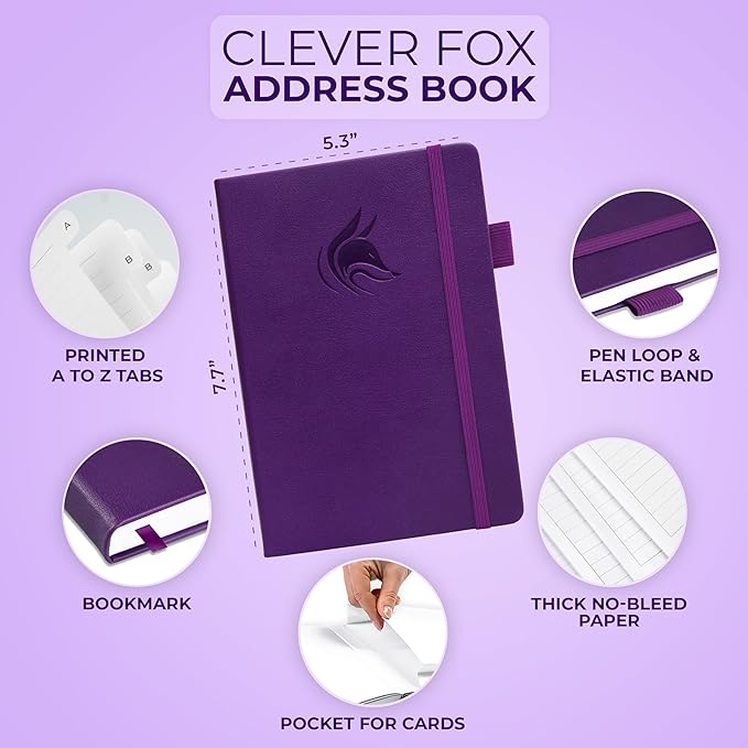 Clever Fox Address Book with alphabetic tabs - PU Leather Telephone and Address Book for Keeping Contacts Safe, Contact Organizer Journal, Medium Size (5.3″ x 7.7″) Hardcover, Purple