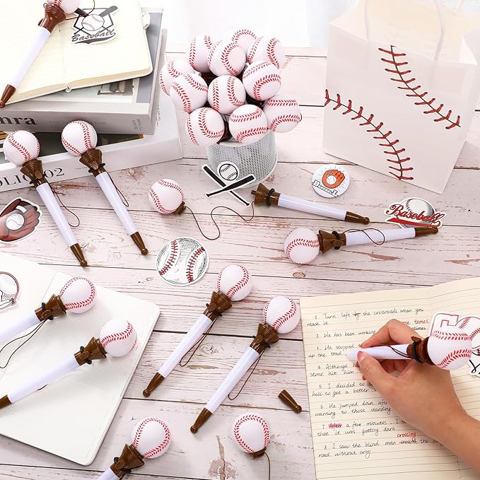 Lincia 24 Pcs Sport Funny Pen Hoop Ballpoint Novelty Bulk Plastic Sports Soccer Basketball Baseball Football Tennis Golf Themed Pen for Birthday Party School Award Party Favor Supplies(Baseball)