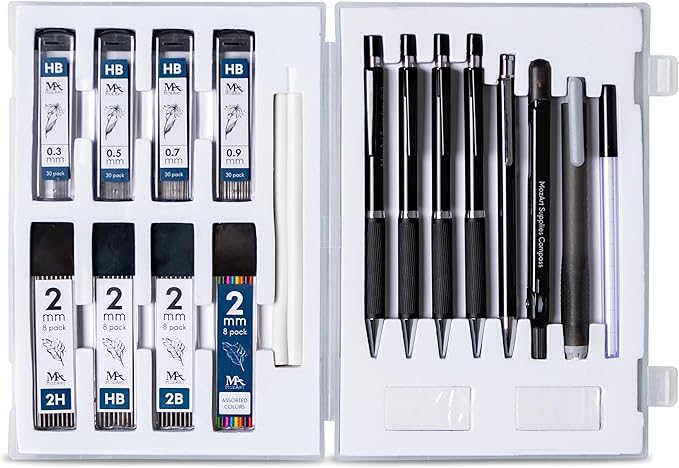 MozArt Illustrator Set with Case-4 Sizes: 0.3,0.5,0.7&0.9mm with 4x8HB & 30HB Lead Refills, Eraser Pen with 2 Jumbo Refills Compass with Block Eraser