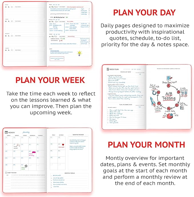 Pro - Goal Setting Planner to Increase Productivity and Achieve Personal and Business Goals. 12 Month Undated Daily, Weekly and Monthly Journal Organizer with Calendar (Red)