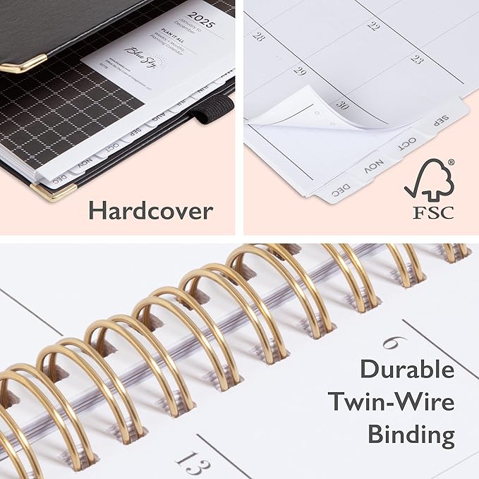 Blue Sky 2025 Weekly and Monthly Planner Calendar, January 2025 - December 2025, 5" x 8", Hardcover, Laminated Tabs, Wirebound, Storage Pocket, Black Faux Leather (Black- 2025, 5" x 8")