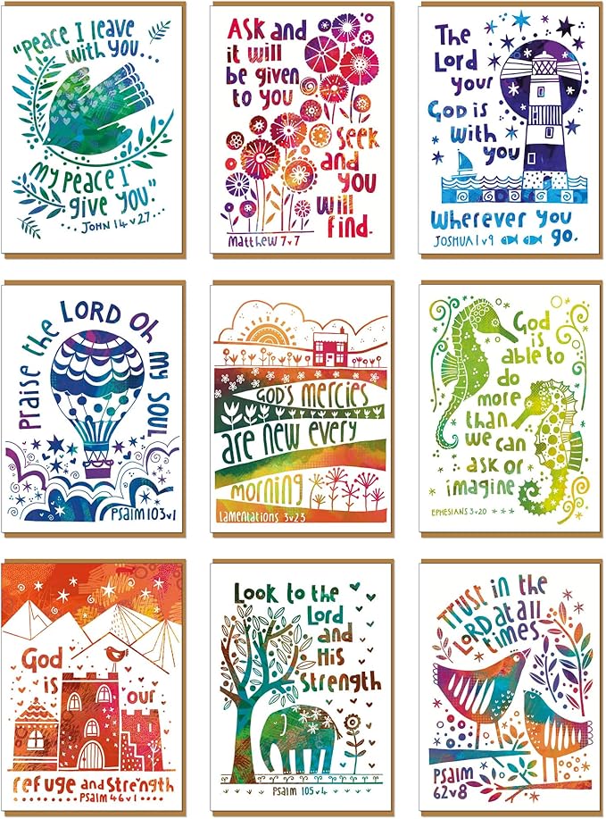 Christian greeting cards with Scripture, 9 in this pack of thinking of you cards religious, blank inside, hand drawn by British artist Jacqui Grace (Multicolored / CH4000)