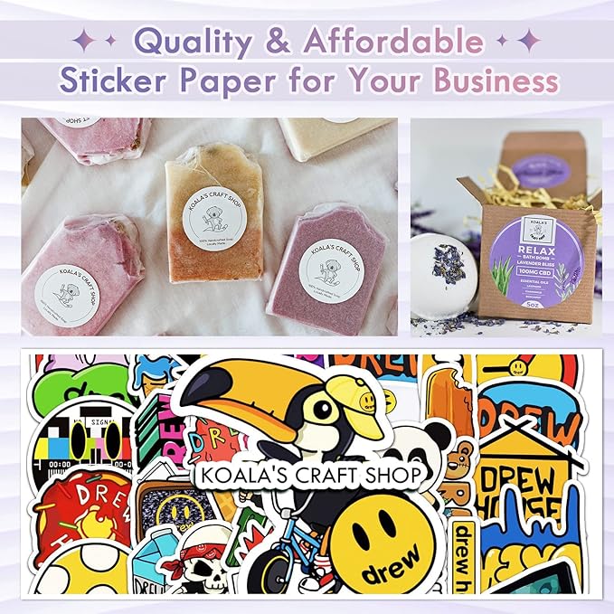 Koala Printable Vinyl Sticker Paper for Inkjet Printer - 50 Sheets White Glossy Sticker Paper, Waterproof Sticker Printer Paper 8.5x11 Inch, Tear-Resistant, Removable