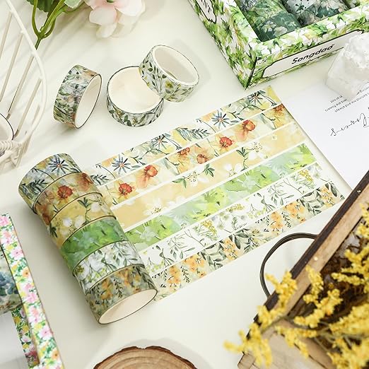 18 Rolls Blossom Washi Tape Set Floral Arts Adhesive Tapes Flowers Garden Decorative Masking Tape Sets for Craft, Kids, Scrapbook, DIY, Gift Wrapping (Golden Harvest)