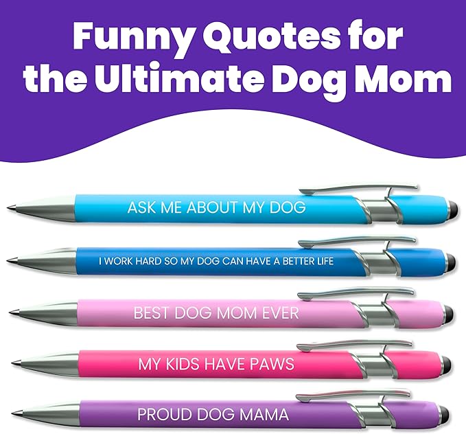 Funny Dog Mom Pen Set – 5-Piece Dog-Themed Stylus Pens – Dog Mom Gifts for Women, Friends, Dog Lovers, Groomer, Vet, Dog Sitter, Dog Walker for Birthdays, Valentines, Thank you
