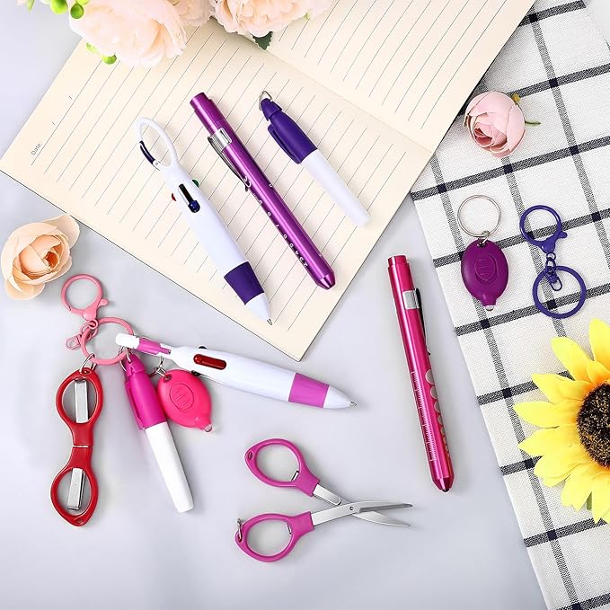 12 pcs Nurse Pen Set Two Colors Pink Purple Include Permanent Marker Pen Pen Lights for Nurses Retractable Ballpoint Pen Nursing Keychain Clip Foldable Scissors LED Flashlight Keychain for Nurses
