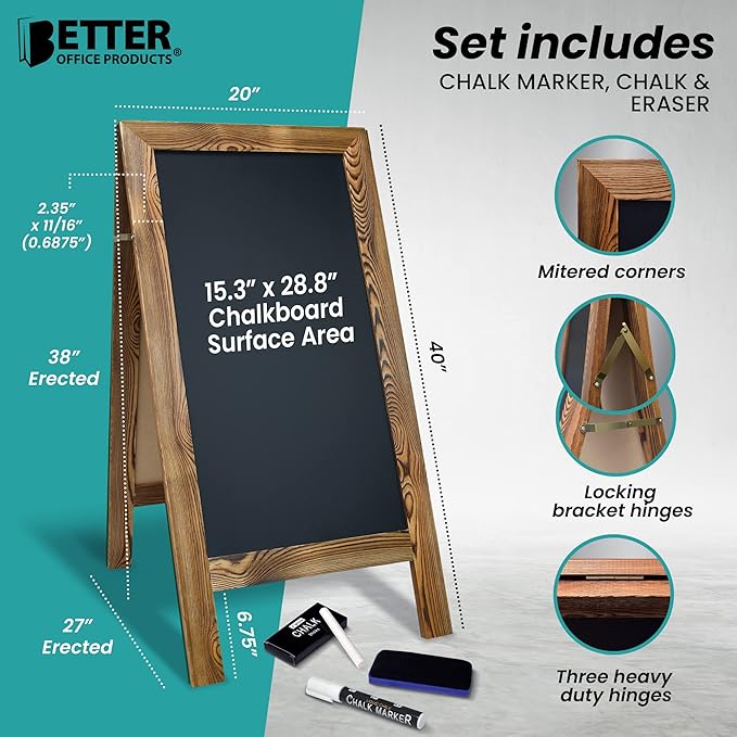 Better Office Products Magnetic A-Frame Chalkboard Sign, Extra Large 20" x 40", Standing Chalkboard Easel, with Chalk Marker + Chalk & Eraser, Sandwich Board Outdoor Sidewalk Sign,(Rustic Brown)