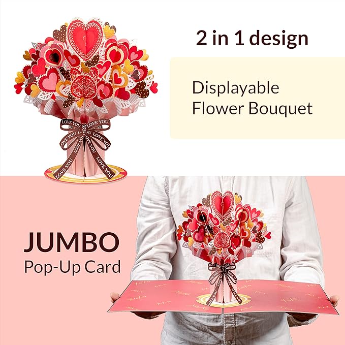 Paper Love HugePop 3D Heart Bouquet Pop Up Card, with Detachable Paper Flower Bouquet, For Birthday, All Occasions - Jumbo 10" x 14" Cards - Includes Envelope and Note Tag