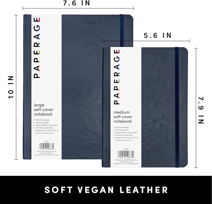 PAPERAGE Softcover Lined Journal Notebook (Navy), 176 Pages, Large B5 College Ruled Notebook, 7.6 inches x 10 inches - 100 GSM Thick Premium Paper, Soft Vegan Leather Journal for Home, Work & School