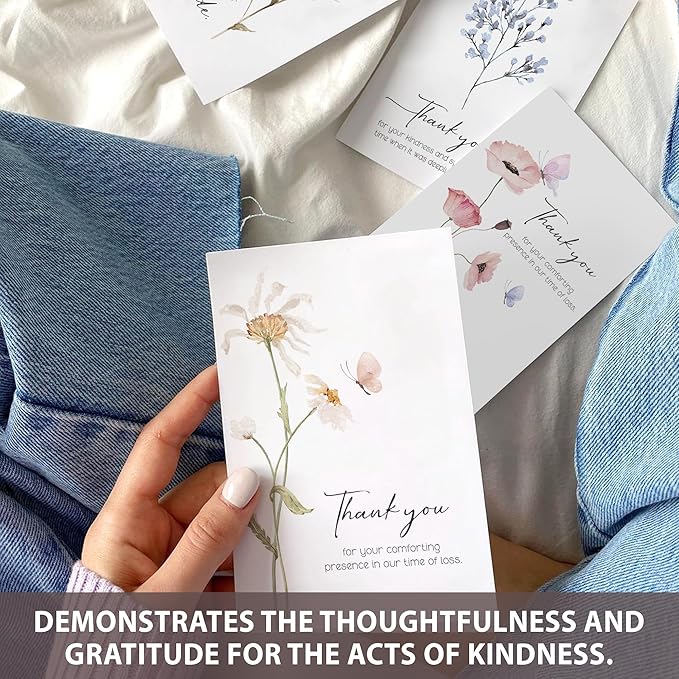 AUDREE 20 Pcs Funeral Thank You Cards with Envelopes Message Inside and Matching Stickers - Bulk 4×6 Watercolor Single Flowers Bereavement Thank You Cards For Funeral