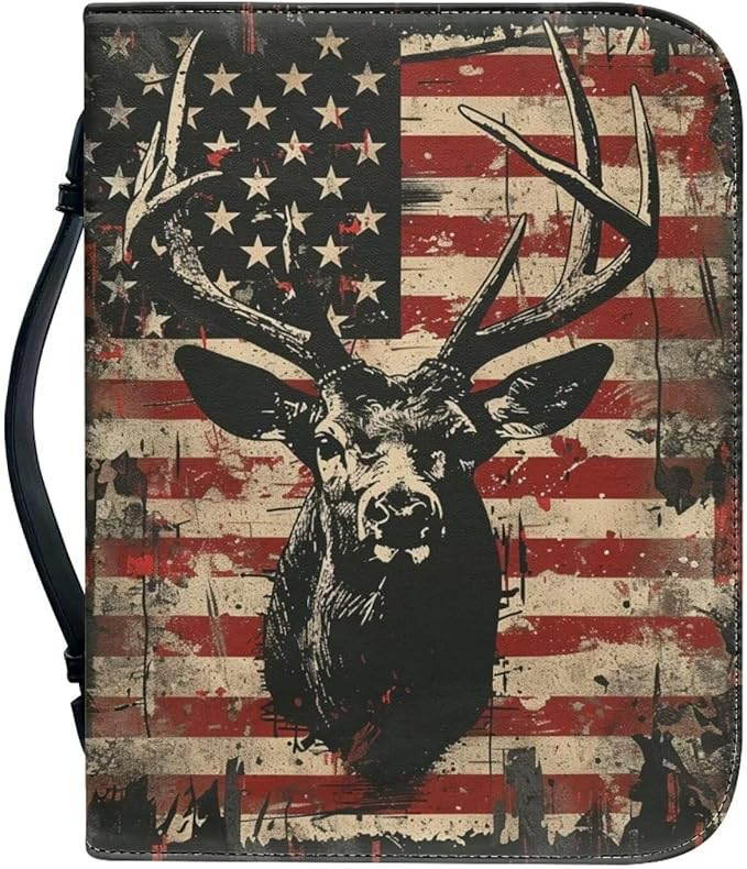 Lotusorchid American Flag Deer Printed Bible Bags, Faux Leather Bible Covers with Handle Pockets for Women, Portable Sturdy Bible Bag for Girls Ages 8-12, Christian Bible Study Accessories
