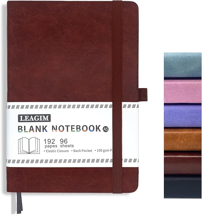 Blank Journal Notebook, A5, 192 Pages 100 GSM Thick Sketch Book for Women Men, Hardcover Leather Unlined Journaling for Work, Notebooks for Writing, 5.8 inches x 8.5 inches (Burgundy)