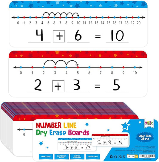 26 Packs Number Line Dry Erase Boards Cards, Double Sided Writable and Erasable Board-0-10 on One Side & 0-20 on Other Side Math White Board for Kids, Students, Classroom and Home (12” x 4”)
