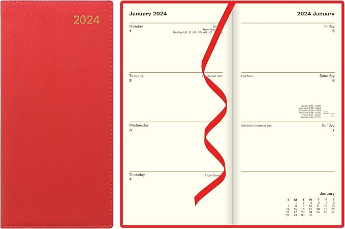 Letts of London Belgravia Weekly/Monthly Planner, 12 Months, January to December, 2024, Vertical, Slim Size, 6.625" x 3.25", Red (C33SURD-24)