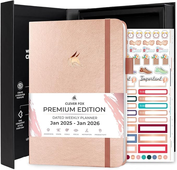 Clever Fox Dated Planner Premium Edition – 2025-2026 Weekly Planner for Planning, Goal Setting & Time Management – Planner Notebook with Habit Tracker & to-do List – A5 Size (Rose Gold)