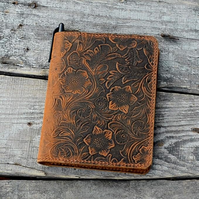 JJNUSA Compatible with Rocketbook Mini Cover Smart Business Handmade Distressed Genuine Leather Journal Notebook Cover for Card Holder Mini 3.5" x 5.5" Flower