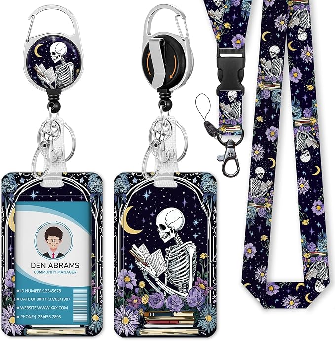 Lanyards for Id Badges, Funny Badge Holder with Retractable Badge Reel Clip, Skull Skeleton Reading Book Card Name Tag Lanyard Vertical ID Card Protector for Women Nurse Doctor Teacher Student