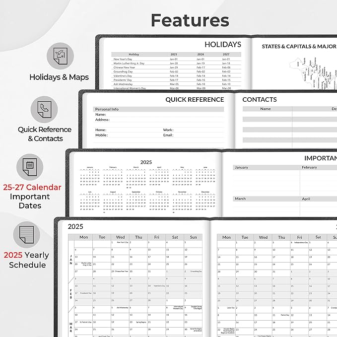 SUNEE 2025 Weekly & Monthly Hardcover Planner 5.5" x 8.3" - 12 Month (January 2025 - December 2025), Small Hardcover Planner, Pocket, Notes, 100 GSM Paper, Black