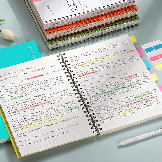 EMSHOI A4 Spiral Notebook College Ruled Lined Journal, 11.2" x 8.27", 300 Pages, 100gsm Thick Paper, Waterproof Softcover, Twin-Wire Binding, Sticky Notes, Purple