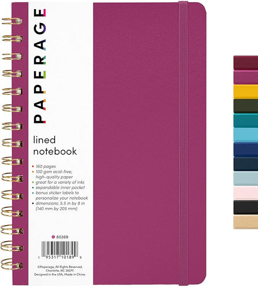 PAPERAGE Lined Spiral Journal Notebook, (Raspberry), 160 Pages, Medium 5.5 inches x 8 inches - 100 GSM Thick Paper, Hardcover, Double-Wire Spiral Journal & Notebook