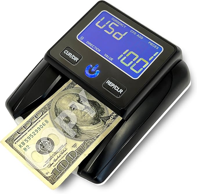 K630 Counterfeit Bill Detector for US Dollars. Checks for UV(Ultraviolet), MG(Magnetic), IR(Infrared), Paper Quality and Size.