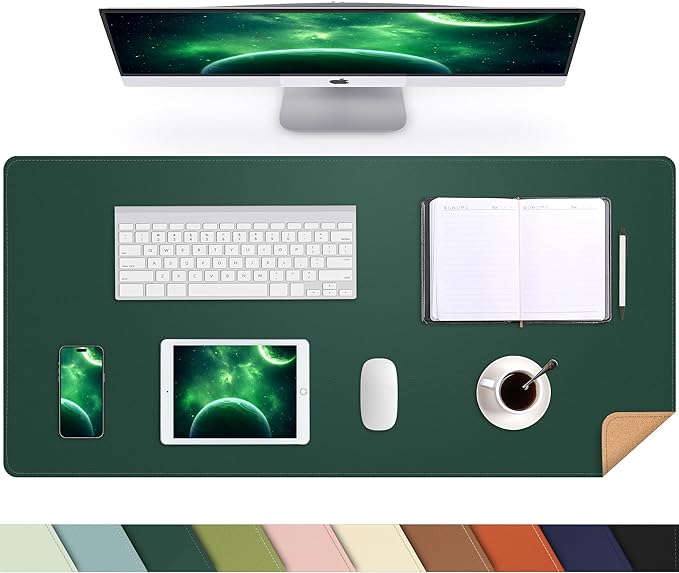 Leather Desk pad Protector, Large Desk mat with Natural Cork & PU Leather,Mouse pad,Non-Slip Office Desk Mat,Waterproof Desk Writing Pad for Office and Home (35in*17in, Dark Green)