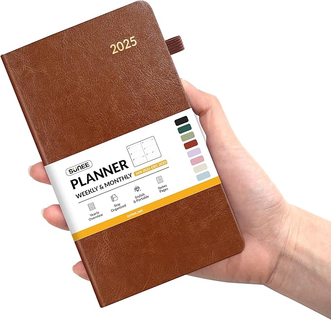 SUNEE 2025 Pocket Weekly Planner for Purse 3.5" x 6" - 12 Month (January 2025 - December 2025), Pocket Size Planner, Hardcover, Notes, Pocket, 100 GSM Paper, Brown