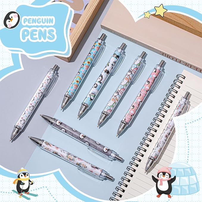 Ireer 8 Pcs Ballpoint Pens for Women 1.00 mm Cute Black Ink Fancy Pens Fine Point Smooth Writing for Journaling Aesthetic Office Supplies(Penguin)