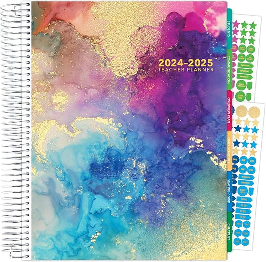 Aug 2024-Jul 2025 Deluxe Teacher Planner Notebook 8.5x11 Daily Weekly Monthly Organizers with 7 Periods, Pocket Folder, Dated Calendar, Page Tabs, Bookmark and Planning Stickers (Rainbow Gold Marble)