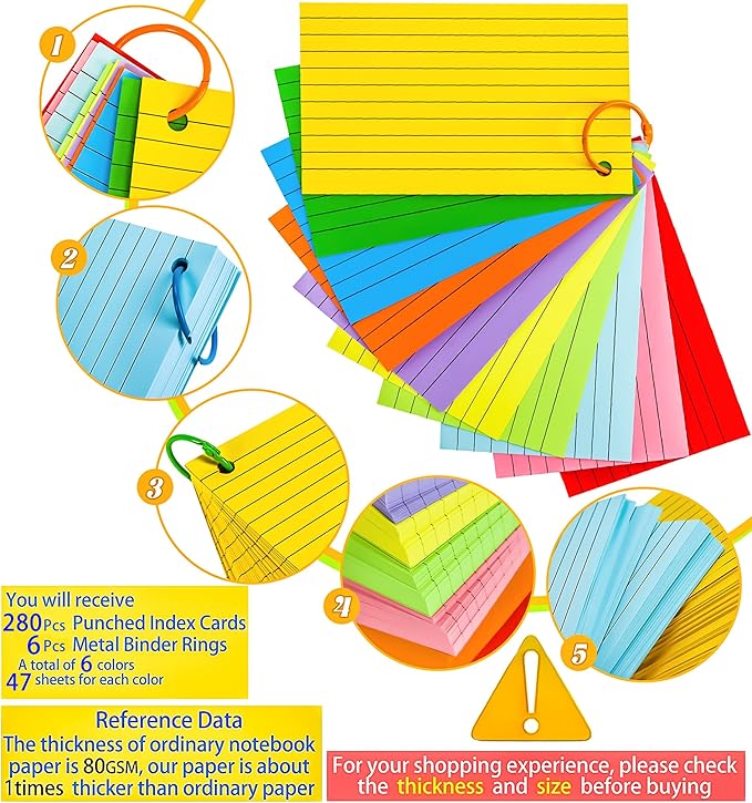 MotBach 280 Pcs Index Cards Flash Cards with Binder Rings,3" x 5", 6 Color Ruled Memo Note Study Cards Memo Scratch Pad Lined Studying Record Index Cards To Do List for Home School Office Supplies