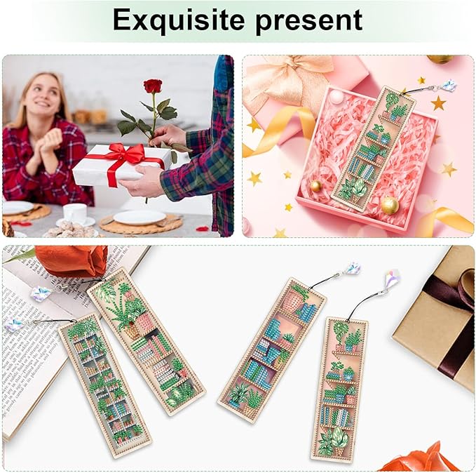 4 Pieces Diamond Painting Bookmarks for Adults Plant Bookshelf Design 5D Rhinestone Art Bookmark Kits Beautiful DIY Diamond Art Bookmarks with Tassels Crafts Gifts Supplies