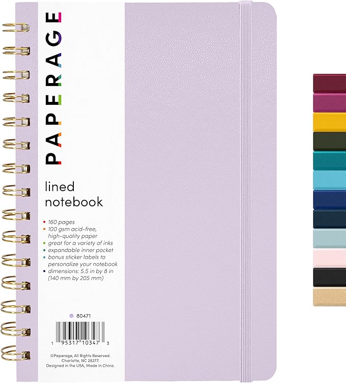 PAPERAGE Lined Spiral Journal Notebook, (Lavender), 160 Pages, Medium 5.7 inches x 8 inches - 100 GSM Thick Paper, Hardcover, Double-Wire Spiral Journal & Notebook