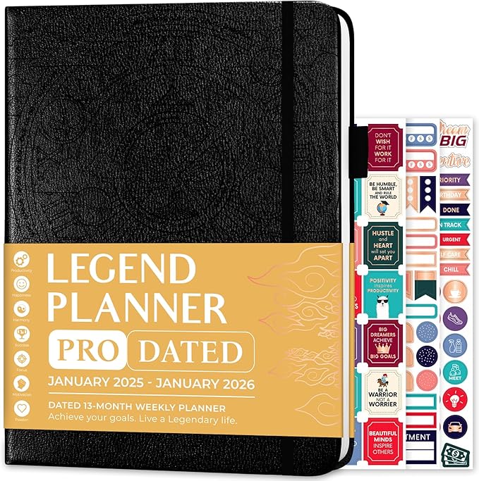 Legend Planner PRO Dated Jan 2025-Jan 2026 – Deluxe Weekly & Daily Organizer with Time Slots. Appointment Book Journal for Work & Time Management, A4 Hardcover (Black)