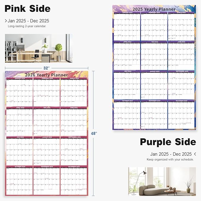 Ospelelf Large Dry Erase Calendar for Wall - 32'' x 48'' Vertical Calendar Laminated Yearly Family Calendar for Office, Use Jan 2025 - Dec 2026 (Marble)