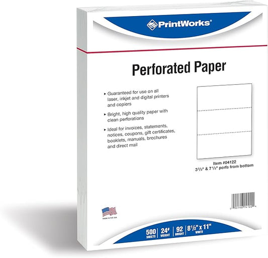 PrintWorks Professional Perforated Paper for Statements, Invoices, Gift Certificates, Coupons and More, 8.5 x 11, 24 lb, 2 Horizontal Perfs 3 2/3" and 7 1/3" From Bottom, 500 Sheets, White (04122)