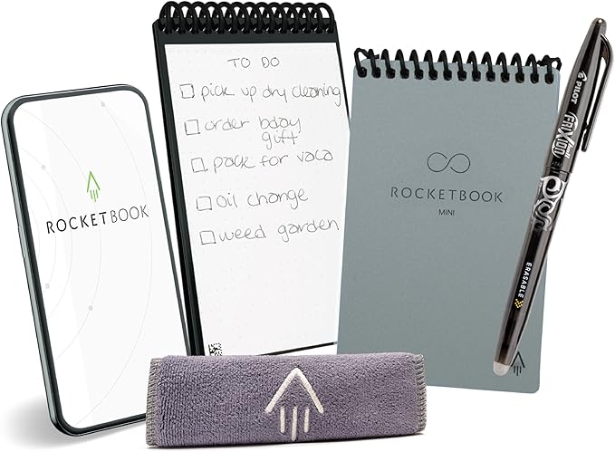 Rocketbook Mini Reusable Smart Notepad, Pocket Size Notebook 3.5x5.5, Gray - Dotted Pages, App-Connected, Erasable, Ideal for On-The-Go List Taking & Quick Notes Anywhere