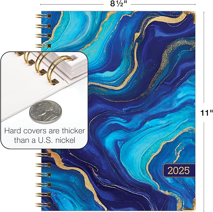HARDCOVER 2025 Planner, 8.5"x11": 14 Months (November 2024 - December 2025), Daily Weekly Monthly Planner, Yearly Agenda, Bookmark, Pocket Folder and Sticky Note Set (Dark Blue Marble)