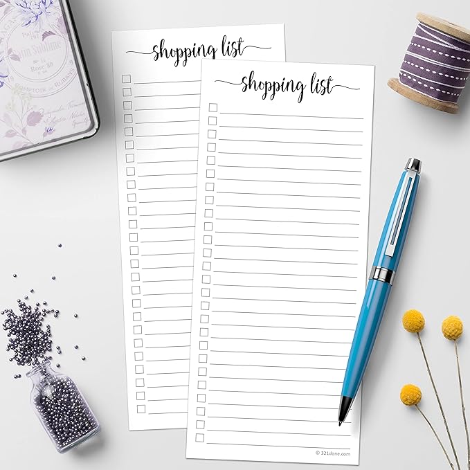321Done Magnetic Shopping List Notepad 2-Pack - 3.7 x 8.5 (1/3 Sheet Slim Size) Made in USA - College Ruled - Minimalist Handheld Grocery List, Store, Market - Pad for Planning, Organizing, Meal Prep