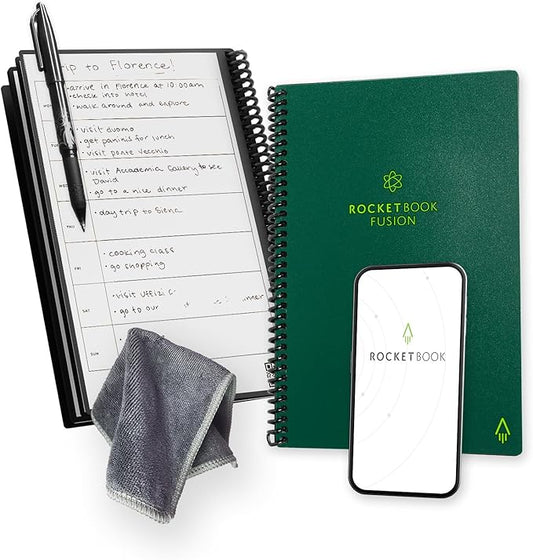 Rocketbook Fusion Reusable Undated Productivity Planner, Executive Size 6x8.8, Green - Goals, Monthly and Weekly Calendar, Daily To-do List, Lined and Dotted Notes Pages