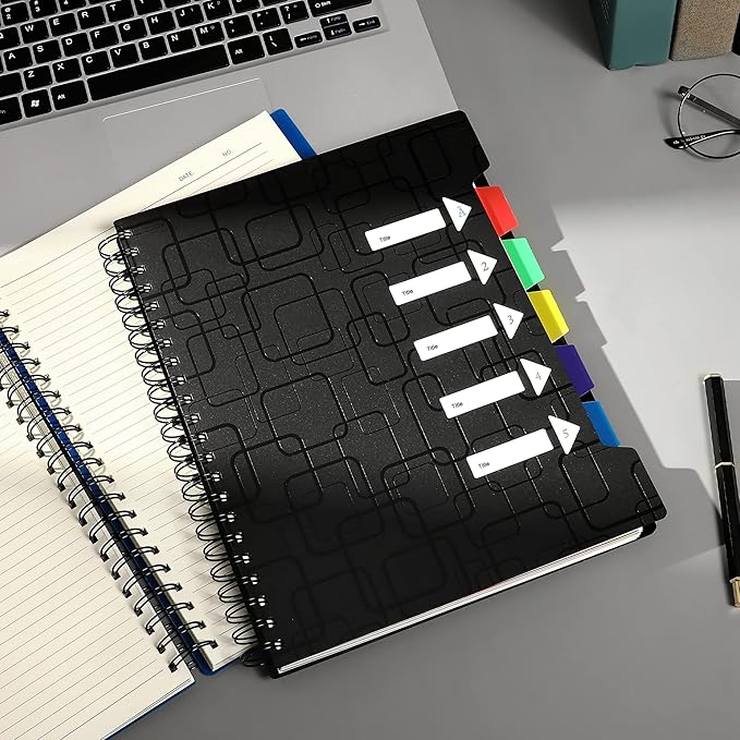 CAGIE 2 Pack Spiral Notebooks College Ruled Total 480 Pages 5 Subject Notebook with Tabs Dividers A4 Notebooks for Work Organization Note Taking School, Black& Blue, 8.5x11